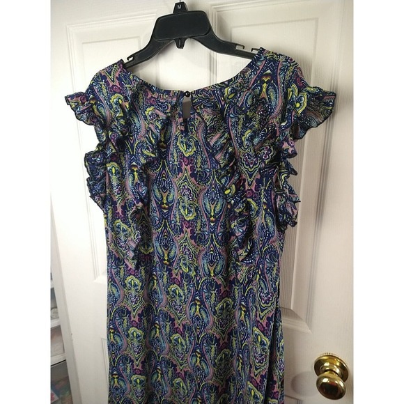Reborn Blue Semi Sheer Paisley Plunge Ruffle Cap Sleeve Dress. Size XL - Picture 10 of 11